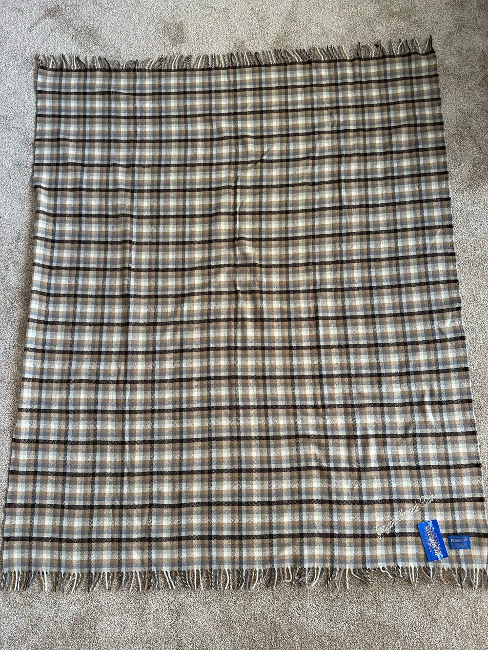Pendleton Vintage 1990s Gray Tan Plaid Wool Fringe Blanket Deadstock 54” x 66”